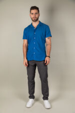 Camisa Indie Azul Electrico Lino Cuello Abierto